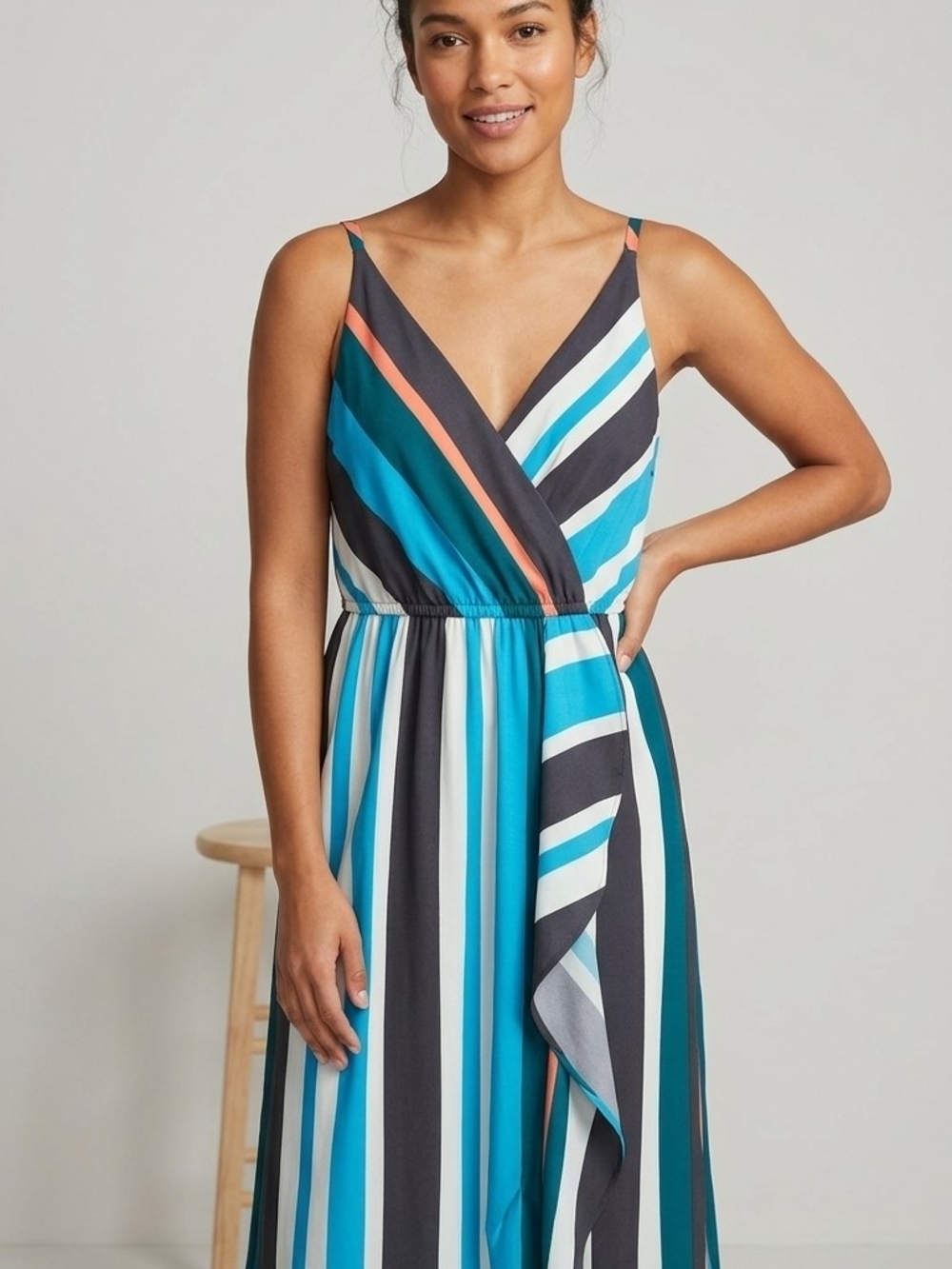 ​ANN TAYLOR LOFT Striped Faux Wrap Maxi Dress Small Blue Teal Orange Ruffle